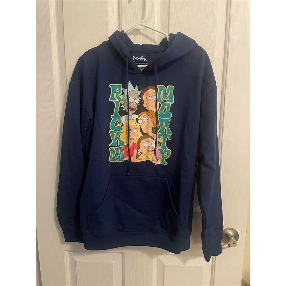 New Rick and Morty Adult Swim Hoodie Blue Medium Unisex Pullover Fleece